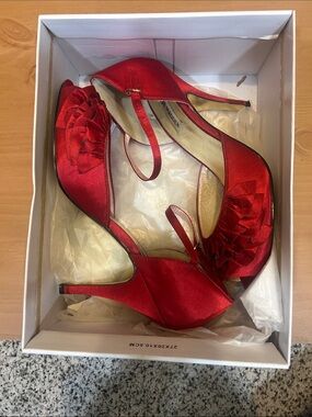 Steve Madden Red Ruffle Peep-Toe Ankle Strap Heels